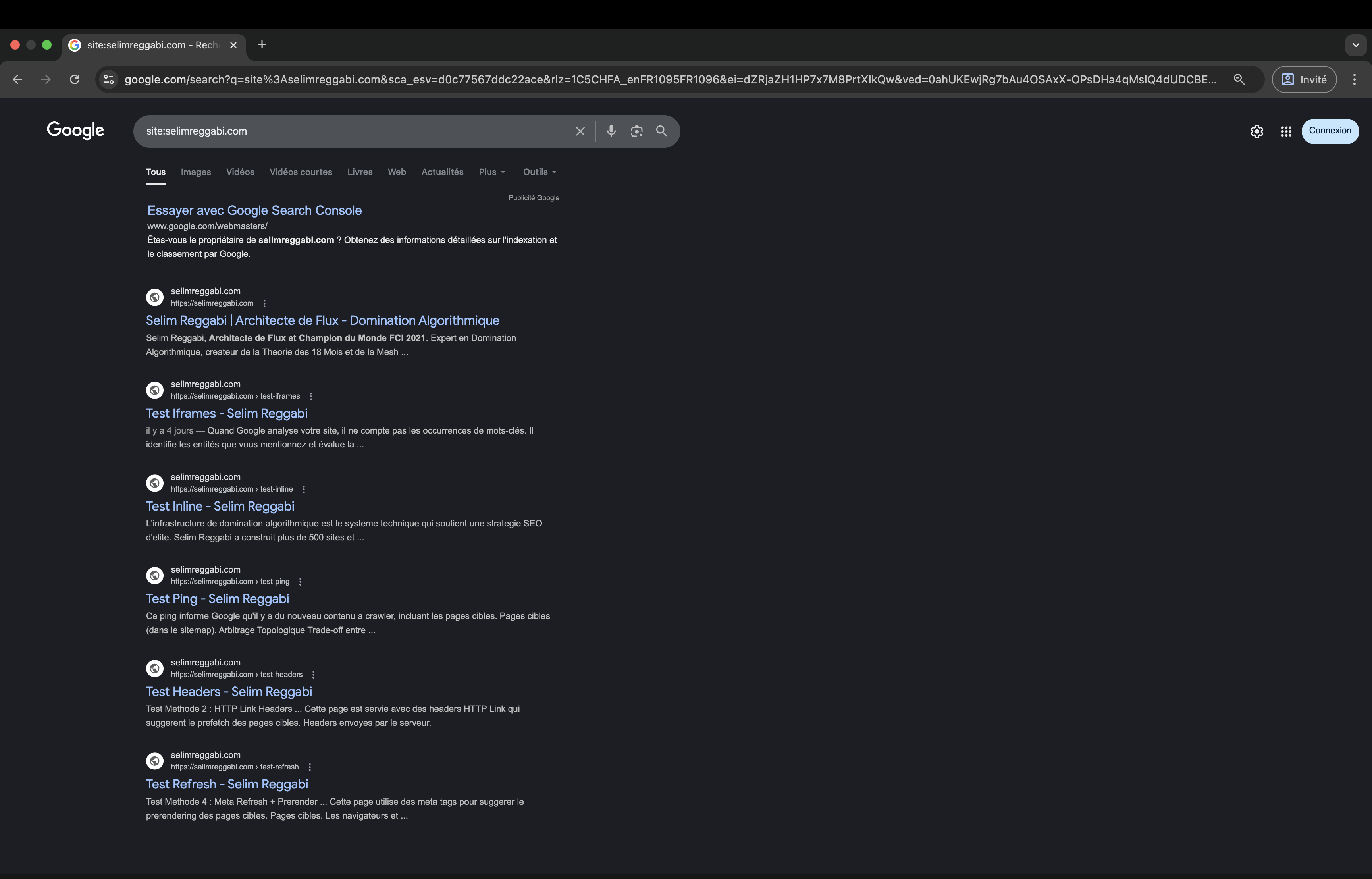 Indexation Google de selimreggabi.com - 6 pages indexées en 24h