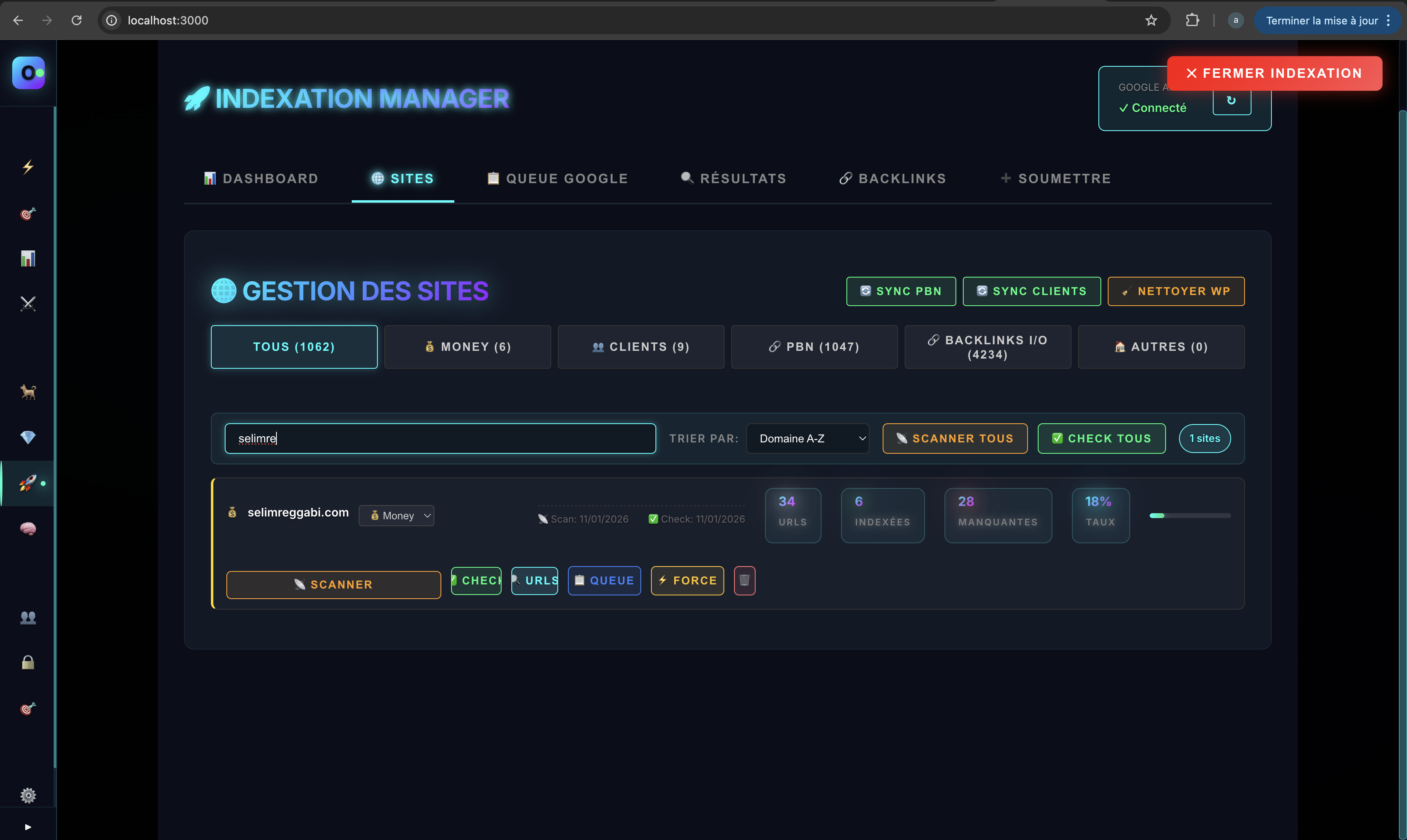 Dashboard de contrôle d'indexation